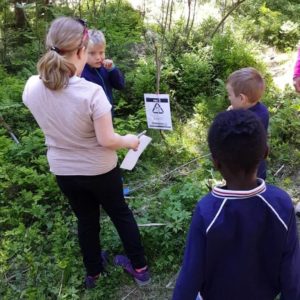 Barn som deltar på natursti og løser oppgaver sammen